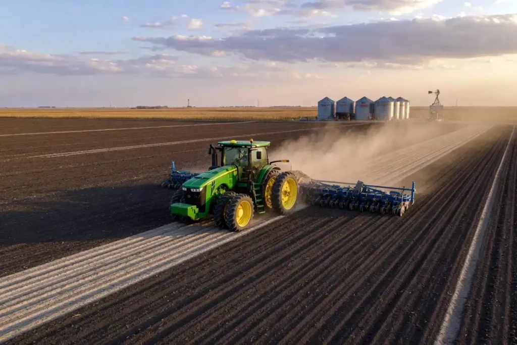 Seed drill planting sorghum rows in prepared field