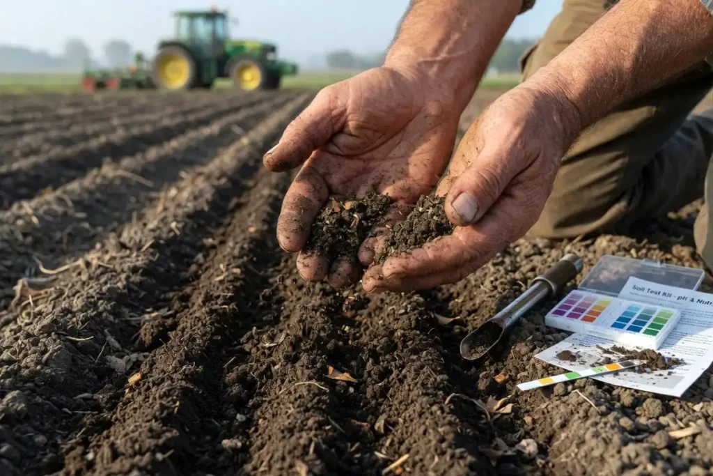 Farmer testing soil before sorghum planting