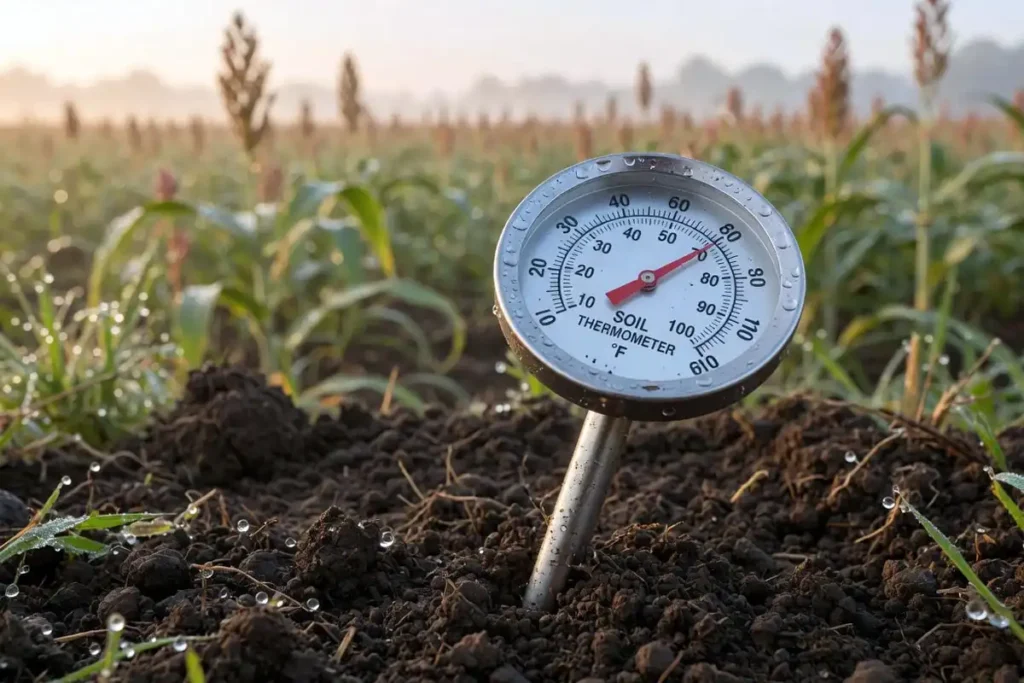 Soil thermometer reading 60 degrees in tilled field