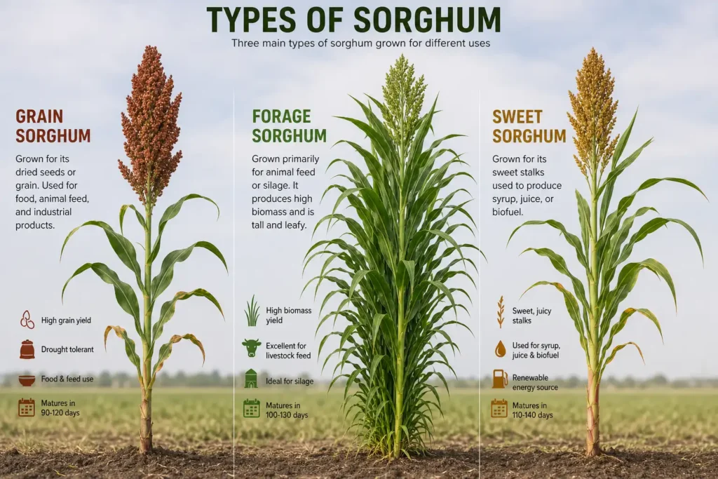 Grain sorghum, forage sorghum, and sweet sorghum side by side