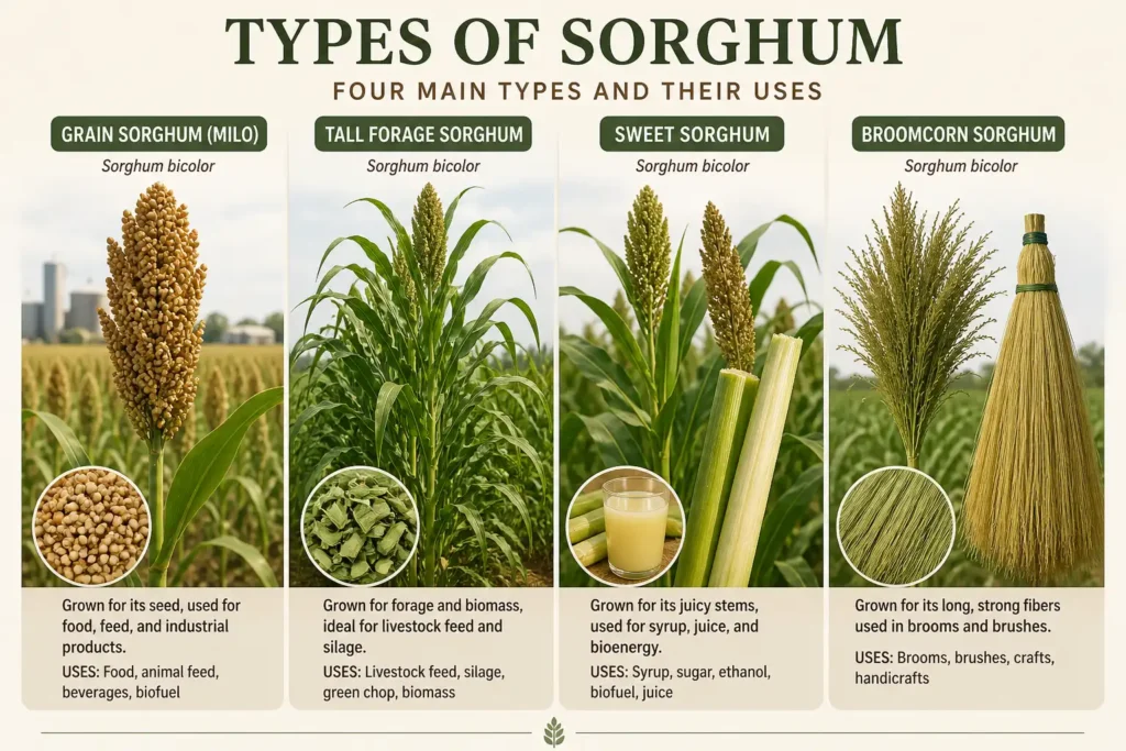 Infographic comparing grain sorghum, forage sorghum, sweet sorghum, and broomcorn