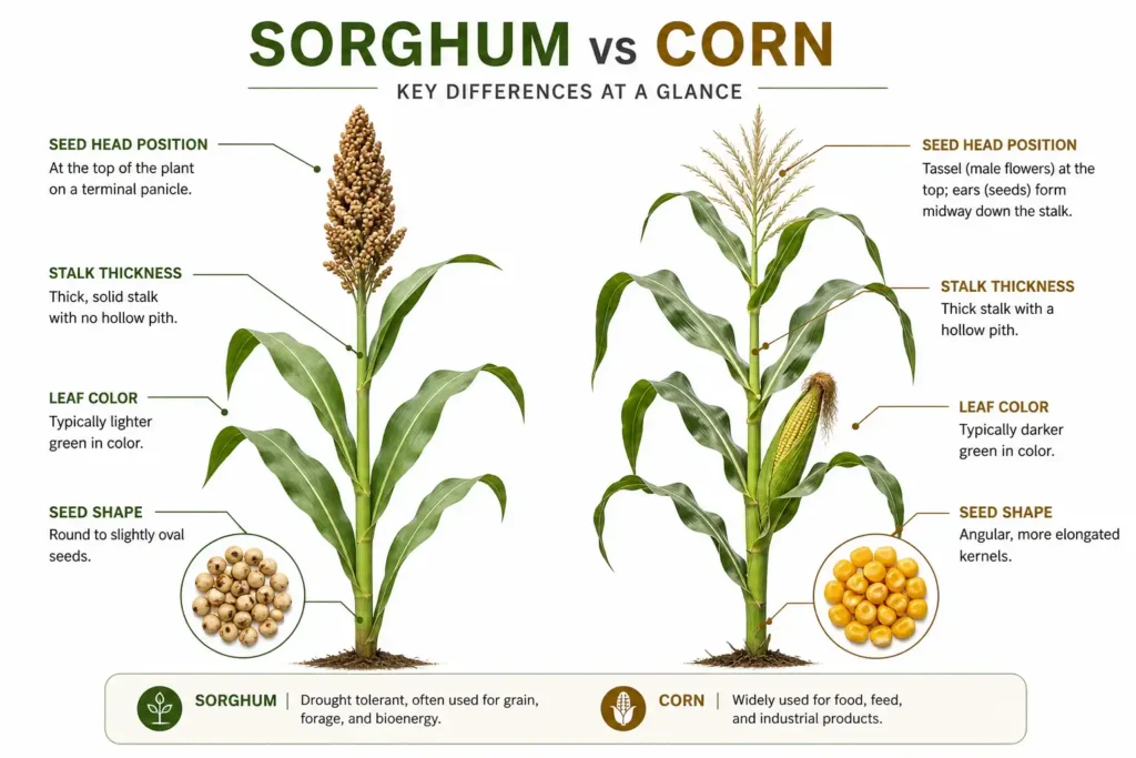 Infographic comparing sorghum and corn plant features side by side