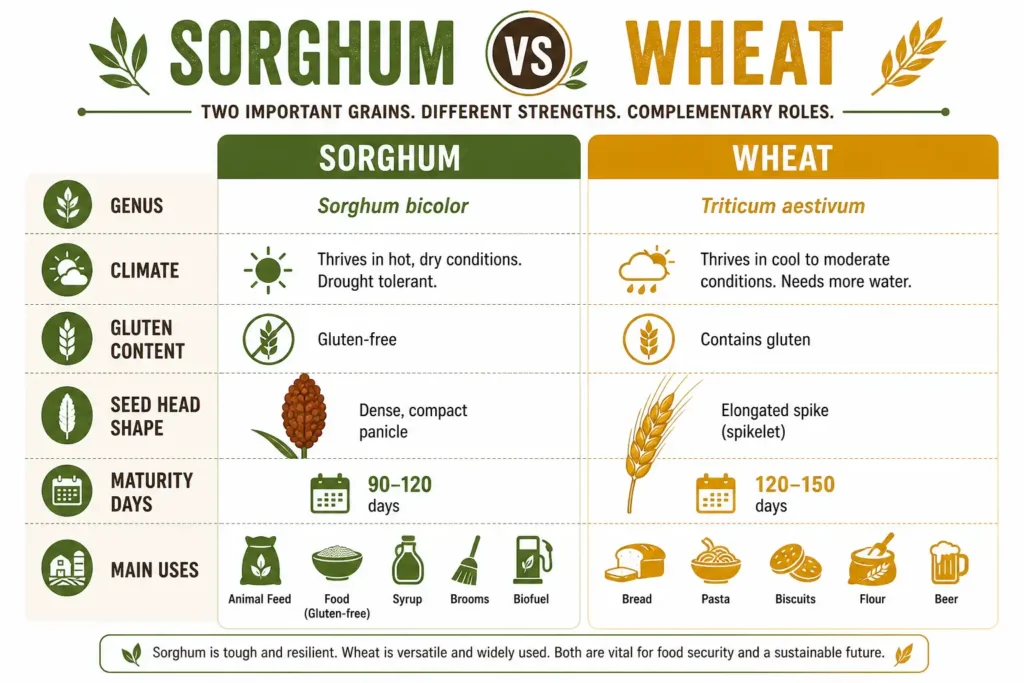 Infographic comparing sorghum and wheat by climate, gluten, and uses