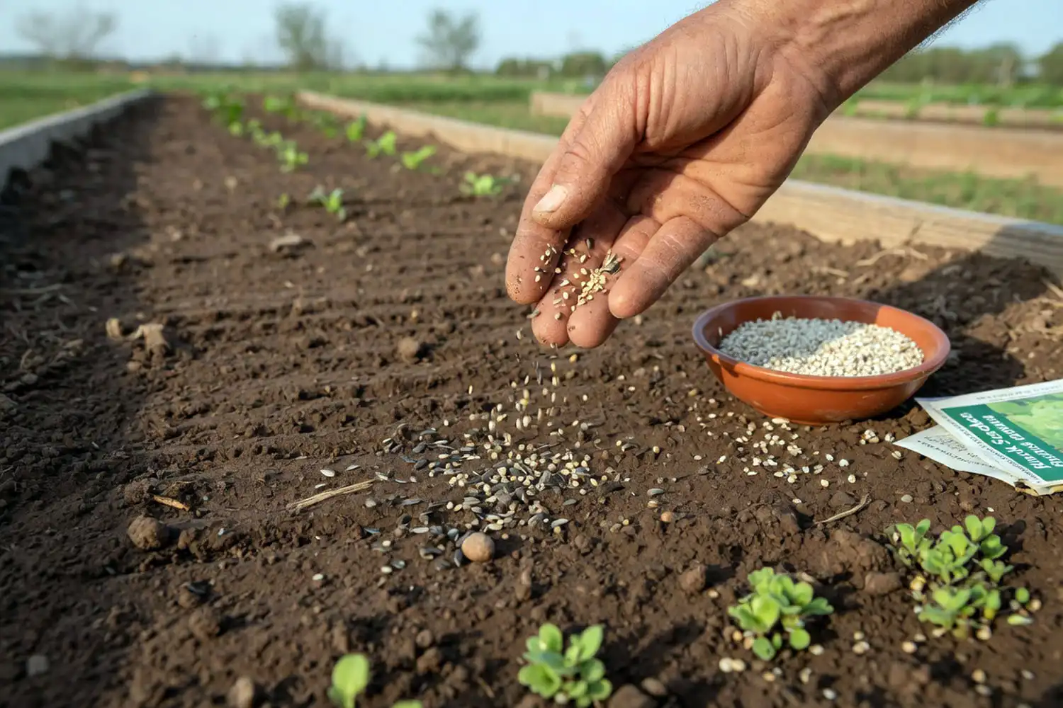 Farmer sowing lettuce seeds shallowly on prepared soil with vermiculite cover