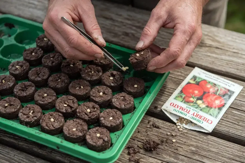 Farmer sowing tomato seeds into expanded peat pellets