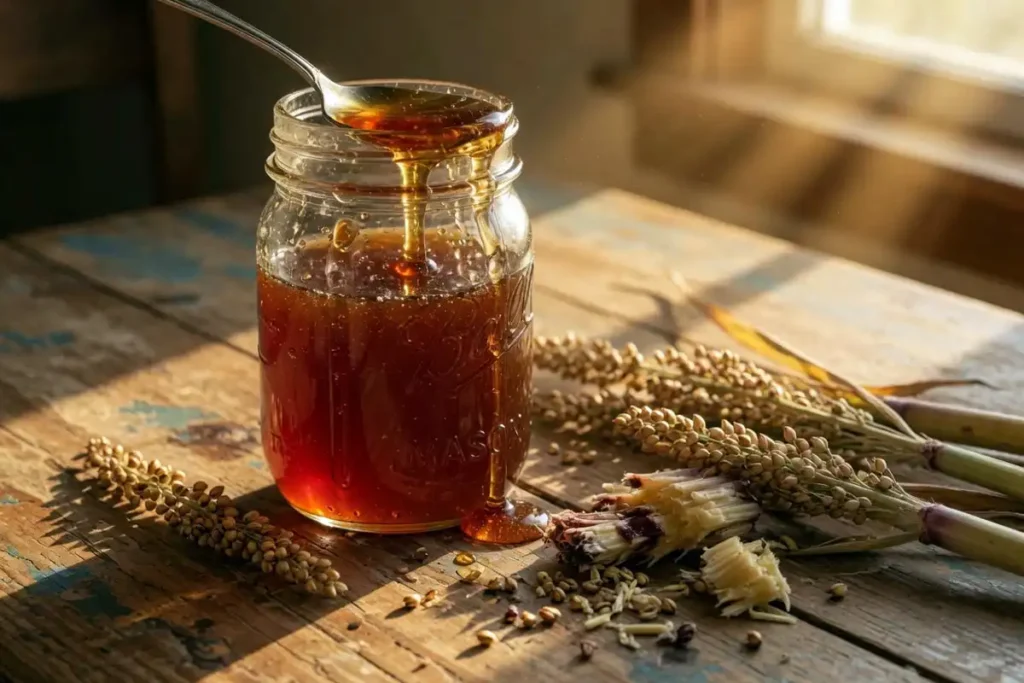 Amber sweet sorghum syrup jar beside crushed cane stalks