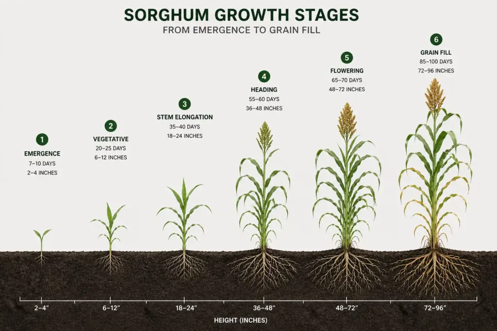 Sorghum growth stages from seedling to mature plant