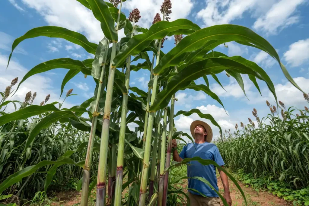 Sweet sorghum stalks growing 12 feet tall in summer field