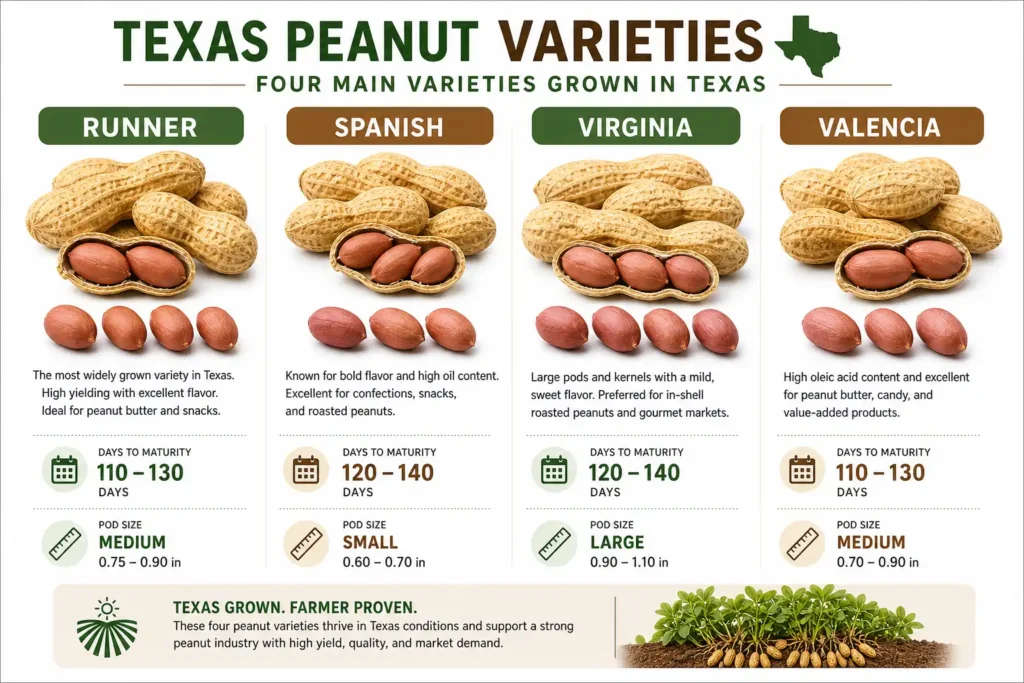 Runner Spanish Virginia and Valencia peanut varieties for Texas