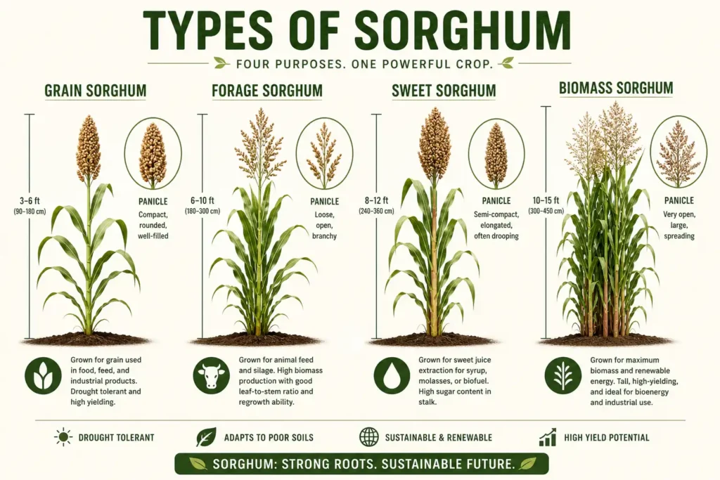 Infographic comparing grain, forage, sweet, and biomass sorghum types
