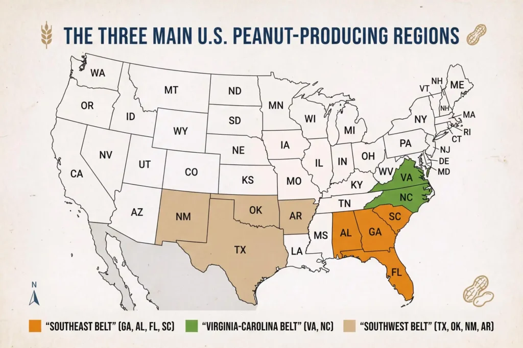 Map showing US peanut-producing states by region