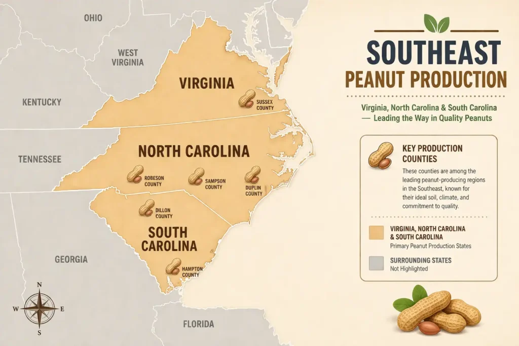 Infographic map showing Virginia peanut growing regions