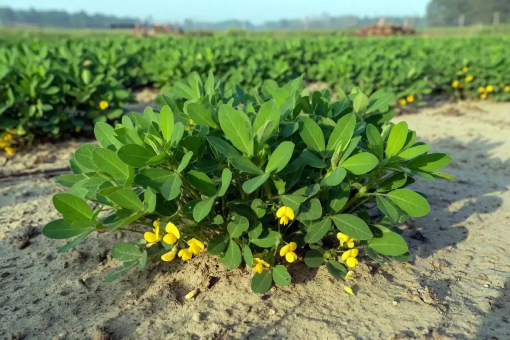 Virginia peanut plant with yellow flowers in farm field