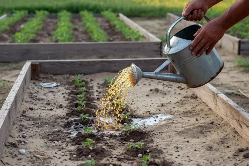 Gardener watering freshly planted peanut rows with watering can