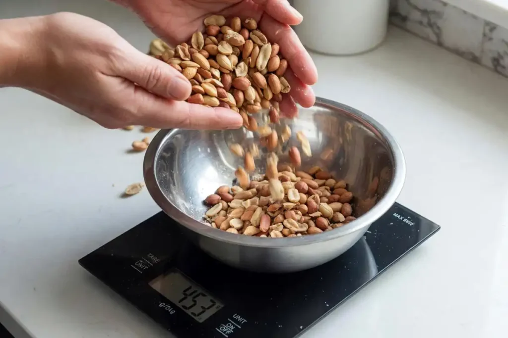 Raw peanuts being weighed on a digital kitchen scale