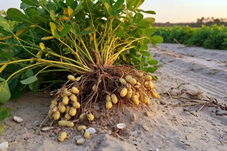 mature peanut plant with pods exposed in sandy soil