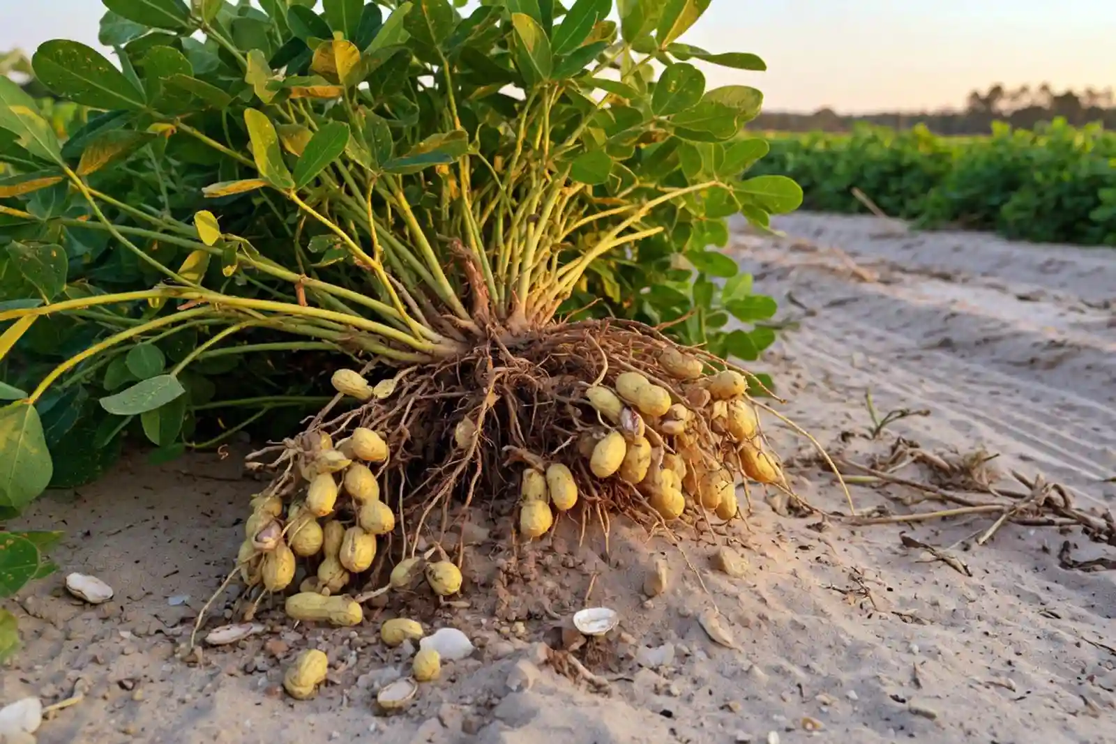 mature peanut plant with pods exposed in sandy soil