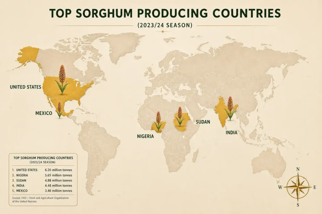 World map highlighting top sorghum producing countries