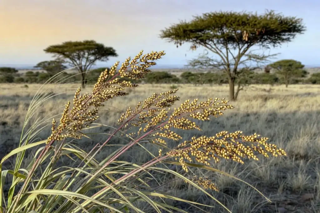 Wild sorghum grass growing in African savanna