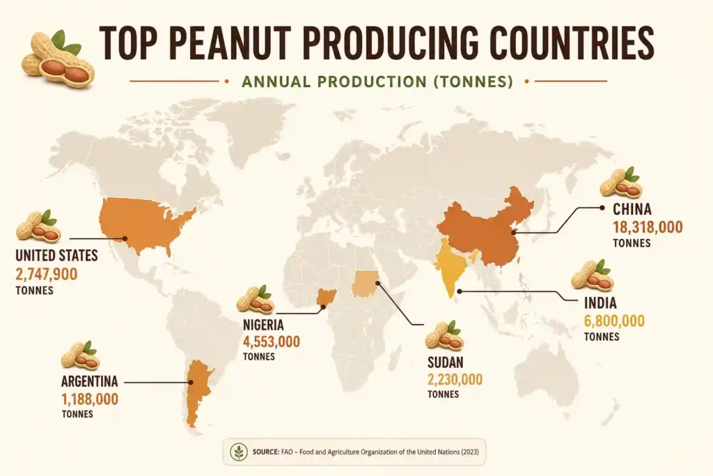 Infographic showing top peanut producing countries worldwide