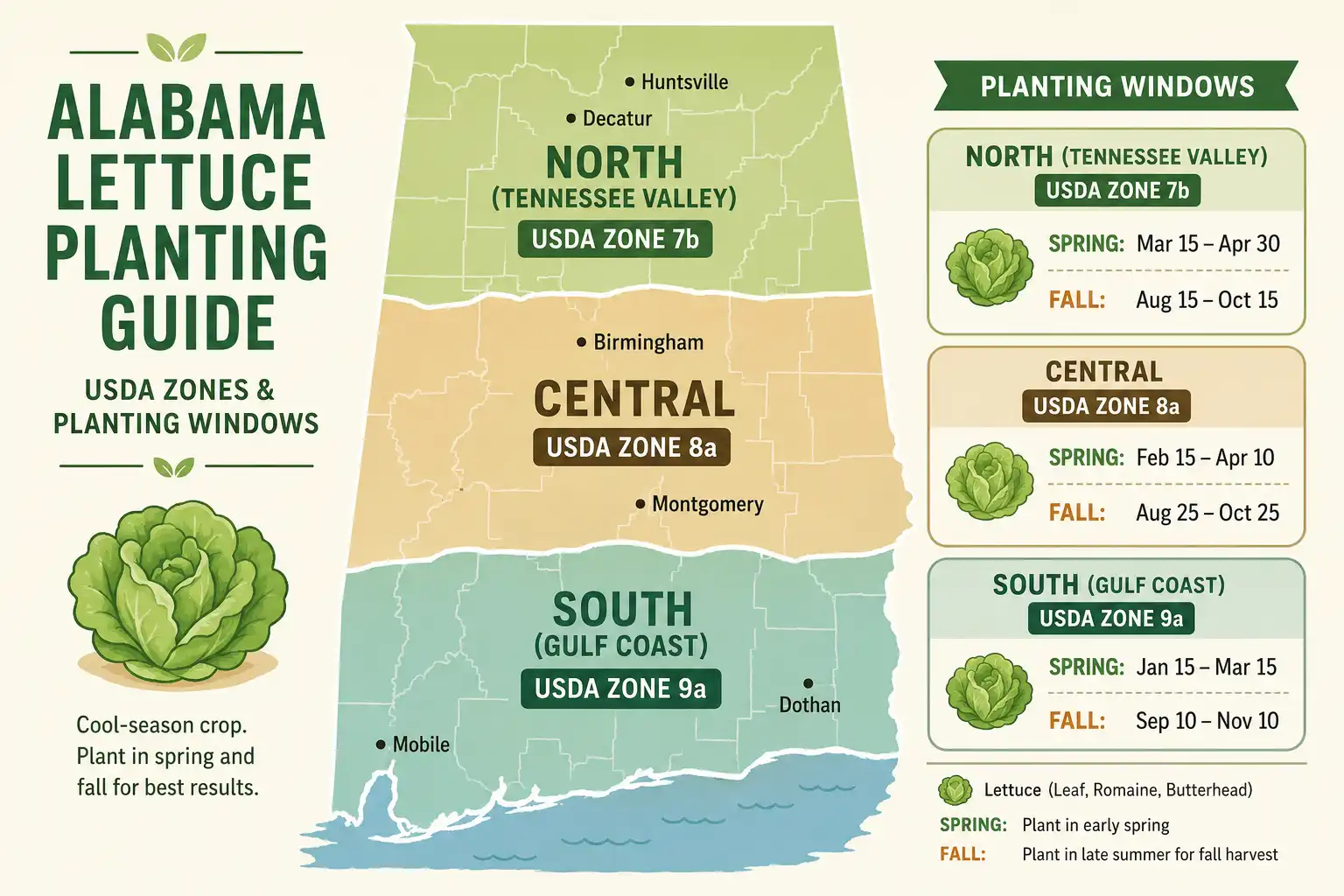 Map infographic of Alabama lettuce planting dates by region and USDA zone