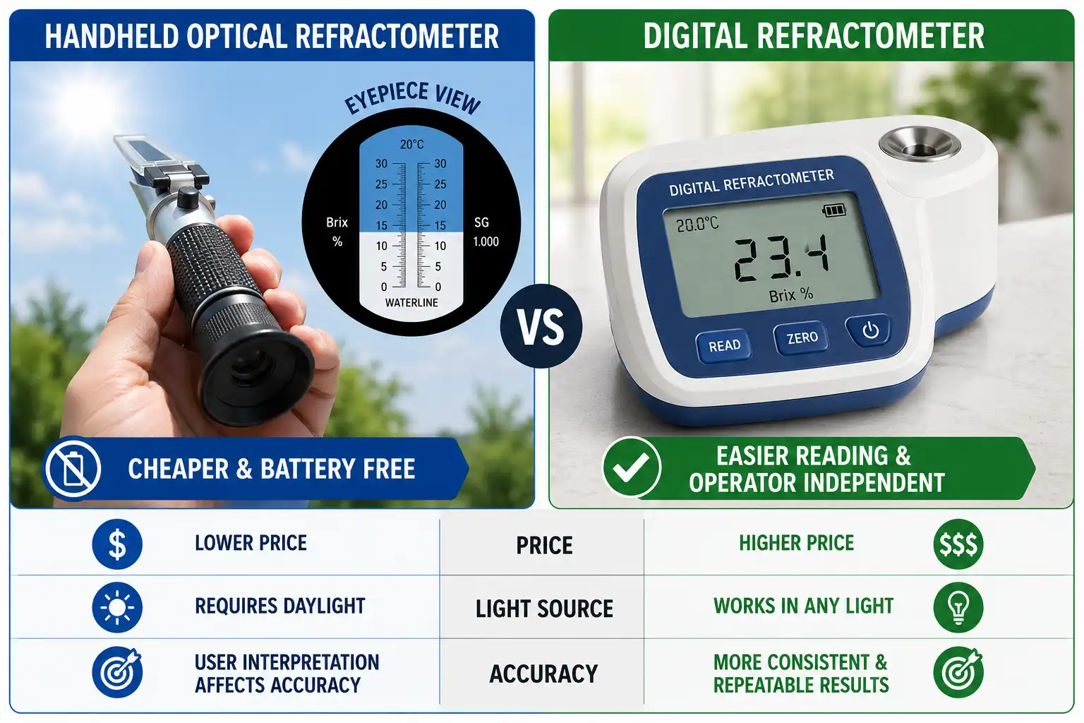 Comparison chart of an analog optical grape refractometer and a digital grape refractometer showing price, readability, and accuracy differences