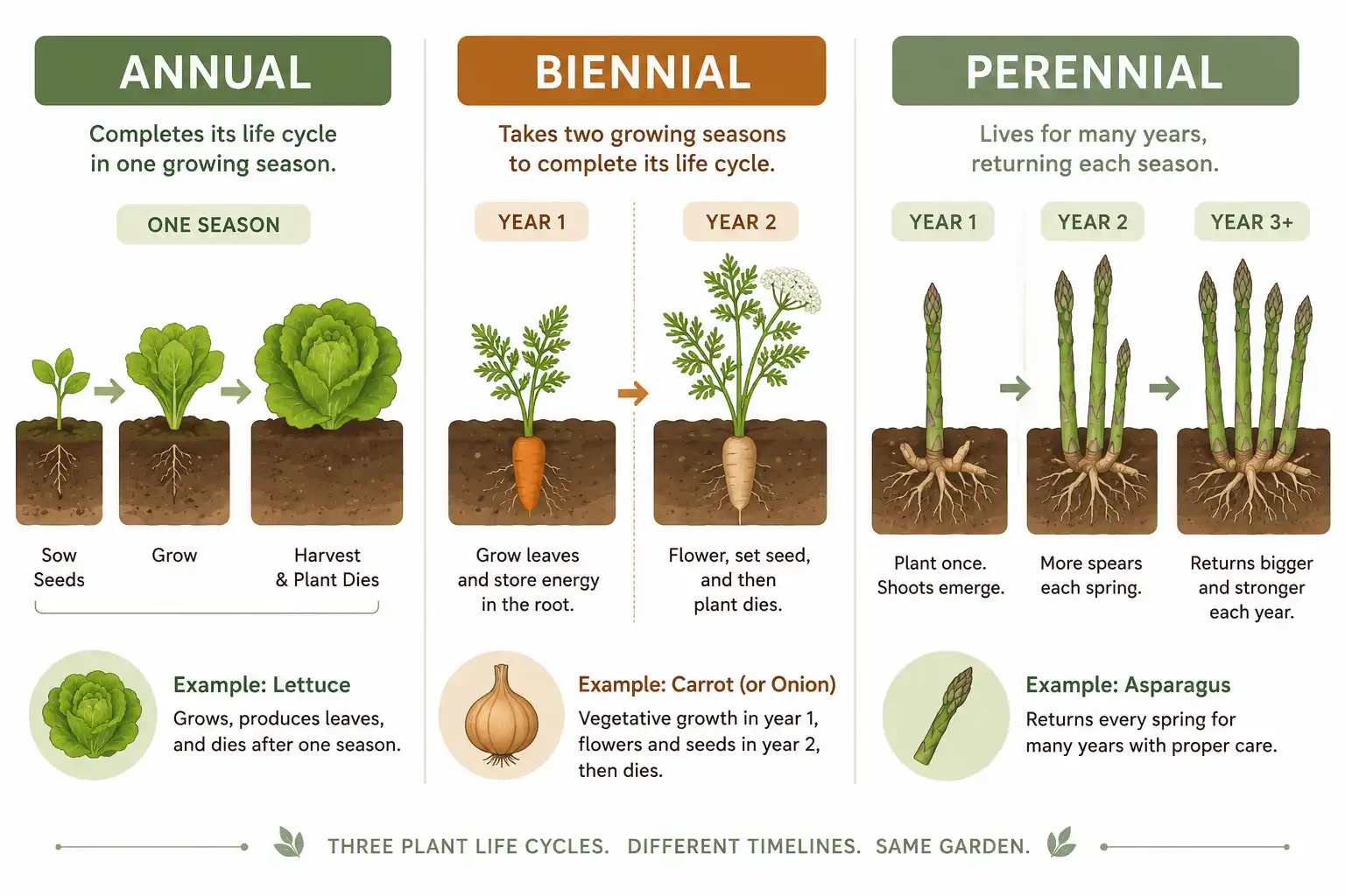 Comparison chart placing lettuce as an annual next to biennial and perennial vegetables, about why lettuce does not come back each year.