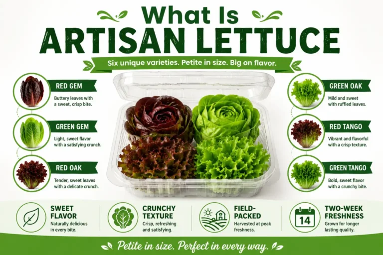 Infographic on artisan lettuce with six gem, oak, and tango varieties and key traits
