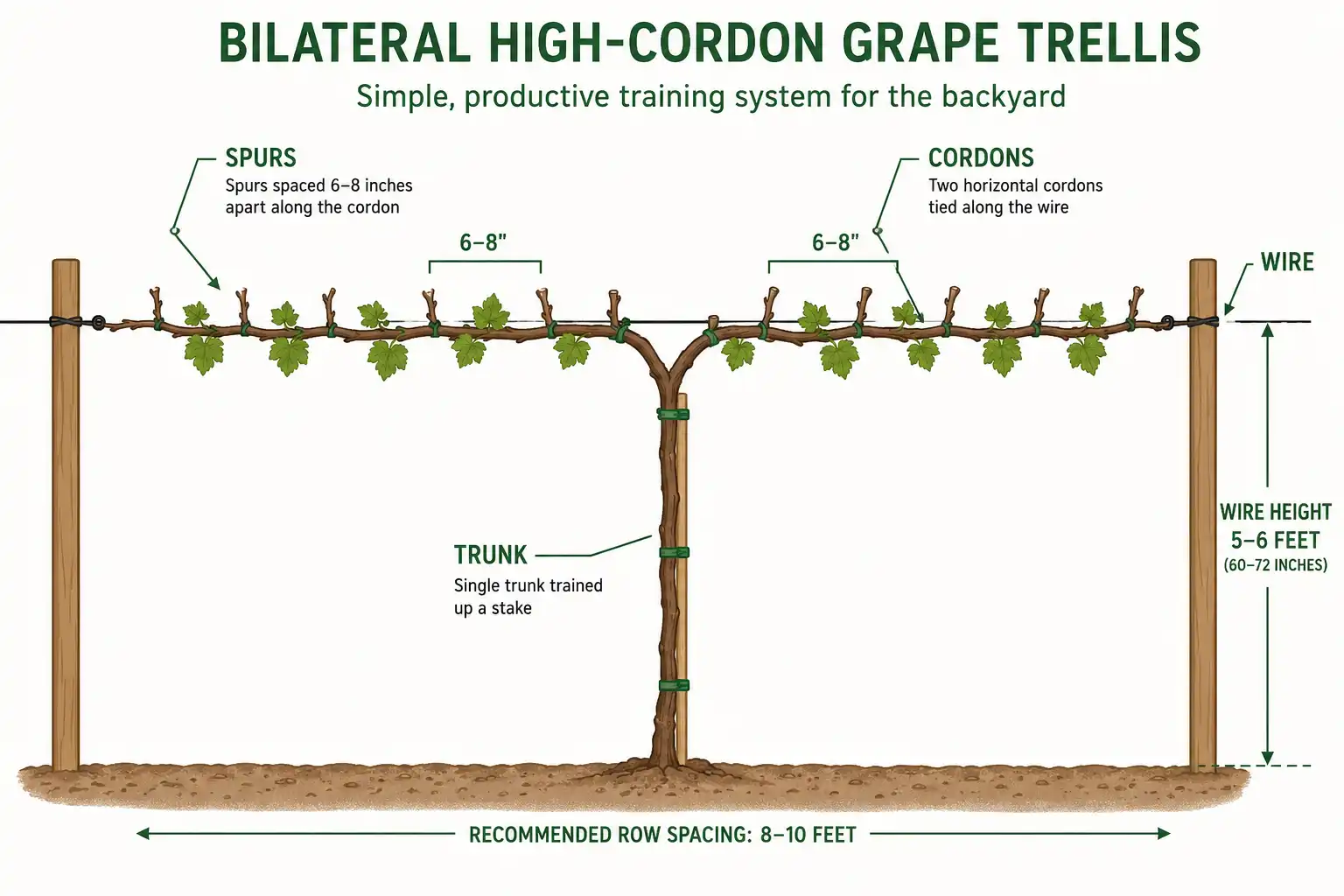 Diagram of how to train a grapevine on a high-cordon trellis with trunk, cordons, and spurs labeled for home growers