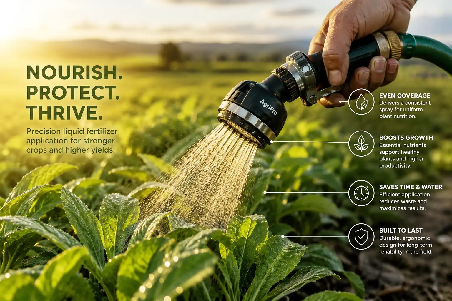 Hose end sprayer for liquid fertilizer attached to a garden hose feeding a green lawn