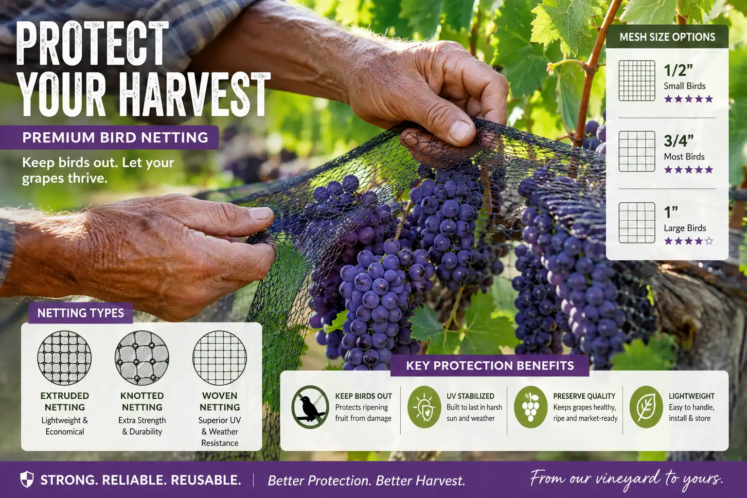Bird netting for grapes draped over a trellised vine as the clusters color up at veraison