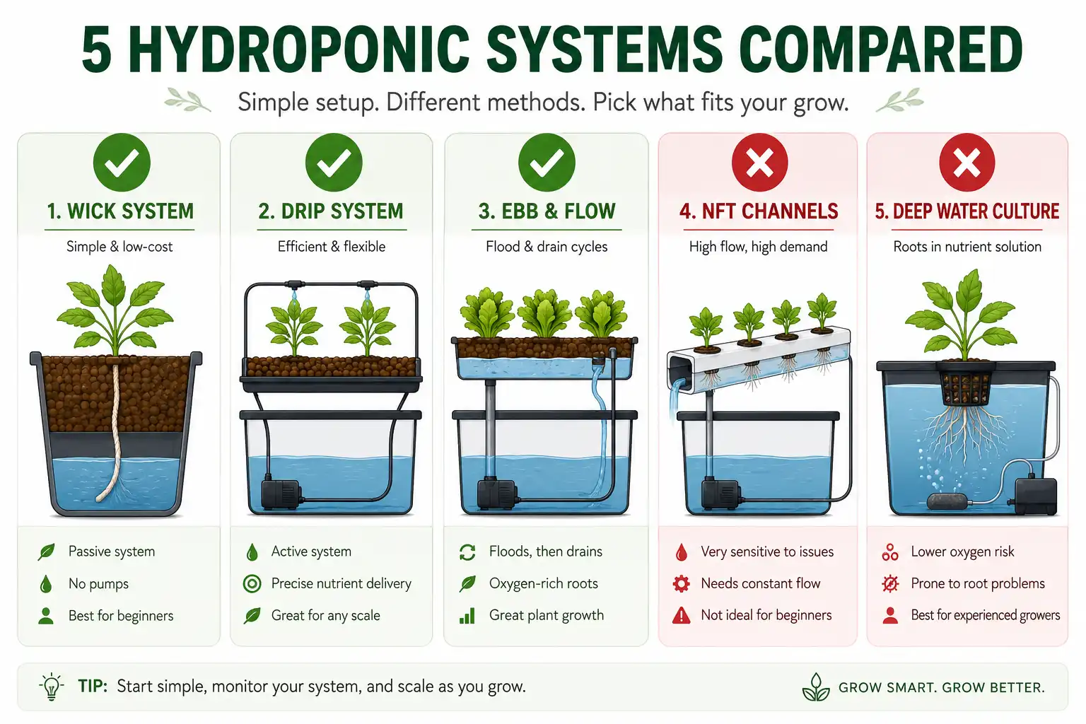 Infographic of hydroponic systems for carrots, showing wick drip and ebb and flow as best and NFT and deep water culture as poor choices