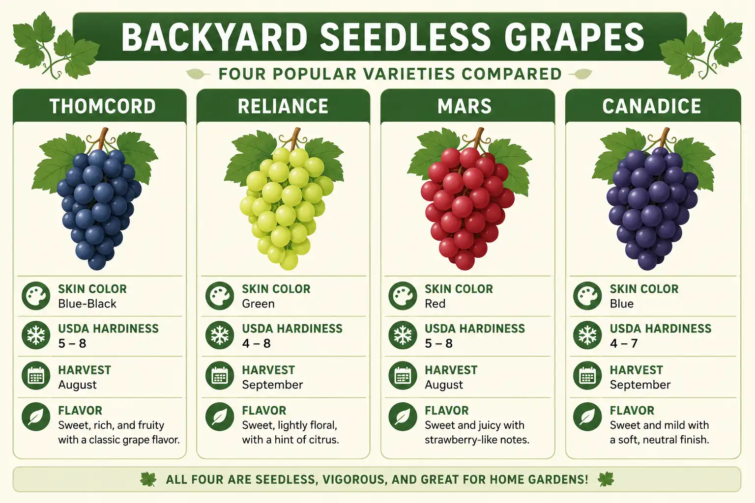 Comparison chart of Thomcord, Reliance, Mars, and Canadice seedless grapes showing hardiness zones, harvest time, and flavor for home growers