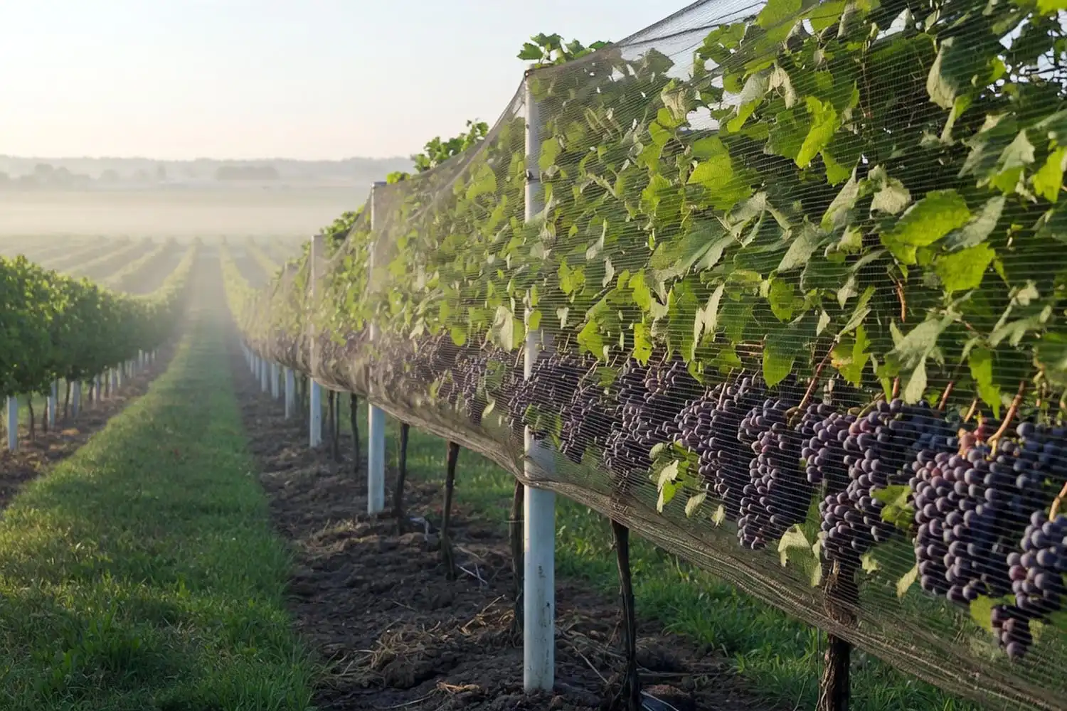 Bird netting held above ripening grape clusters on T posts in a late summer vineyard row