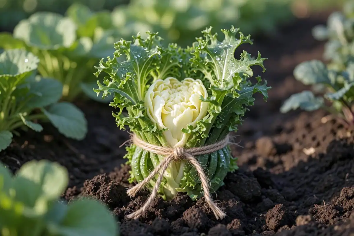 Frisée plant blanched by tying its outer leaves up over the pale center to reduce bitterness