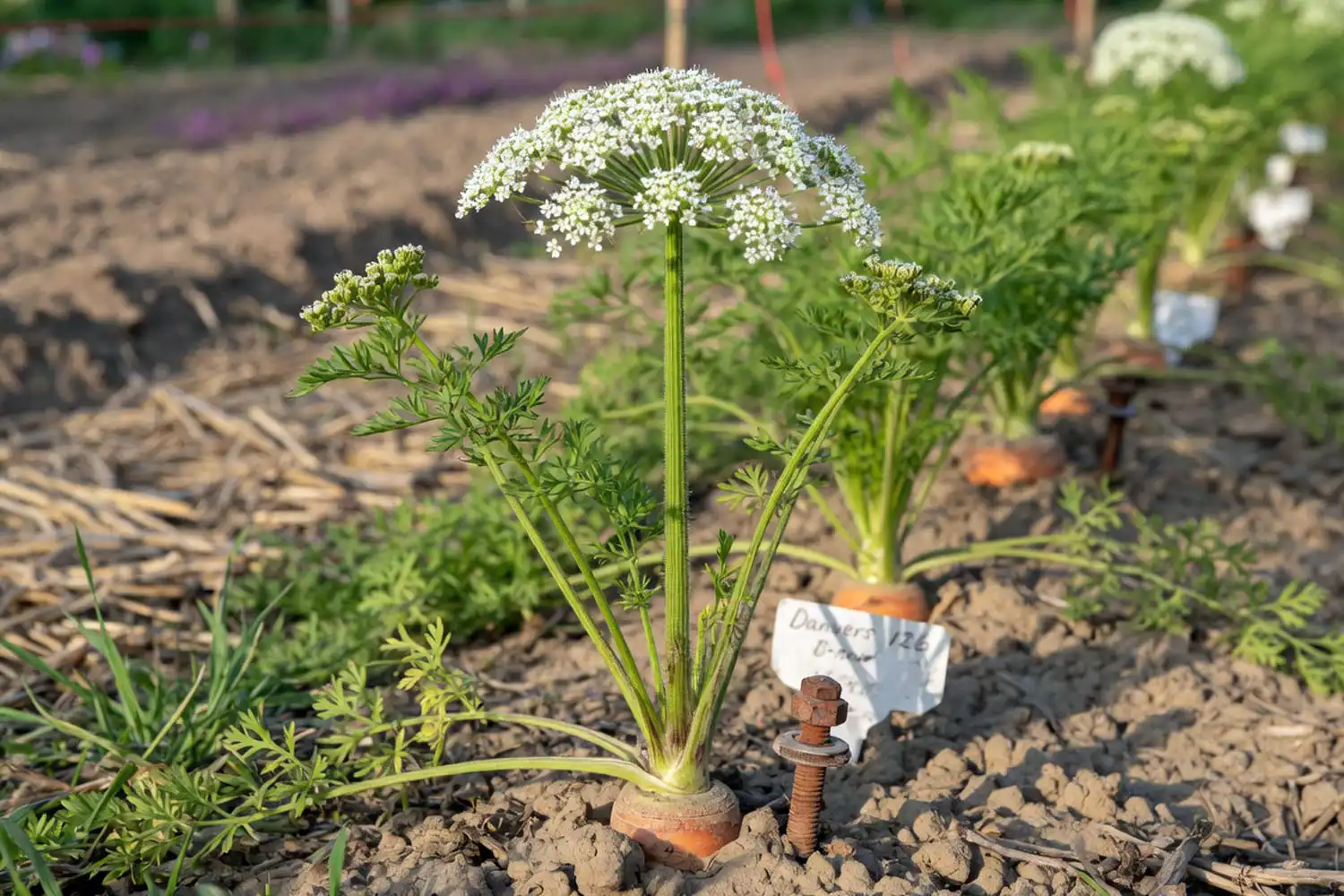 Do carrots flower shown by a bolted carrot plant with a tall stalk and a white umbel flower head