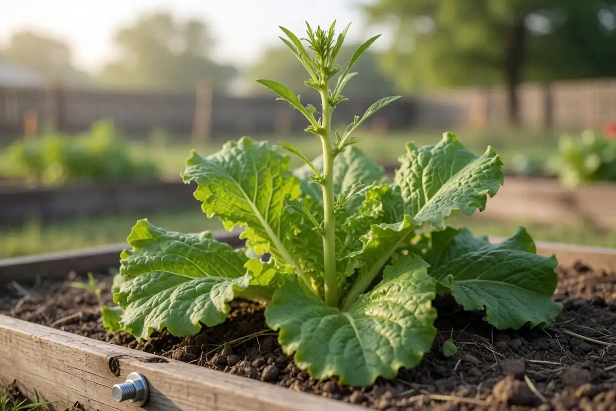 Bolting lettuce in a garden bed showing a tall central stalk growing up from the center of the plant