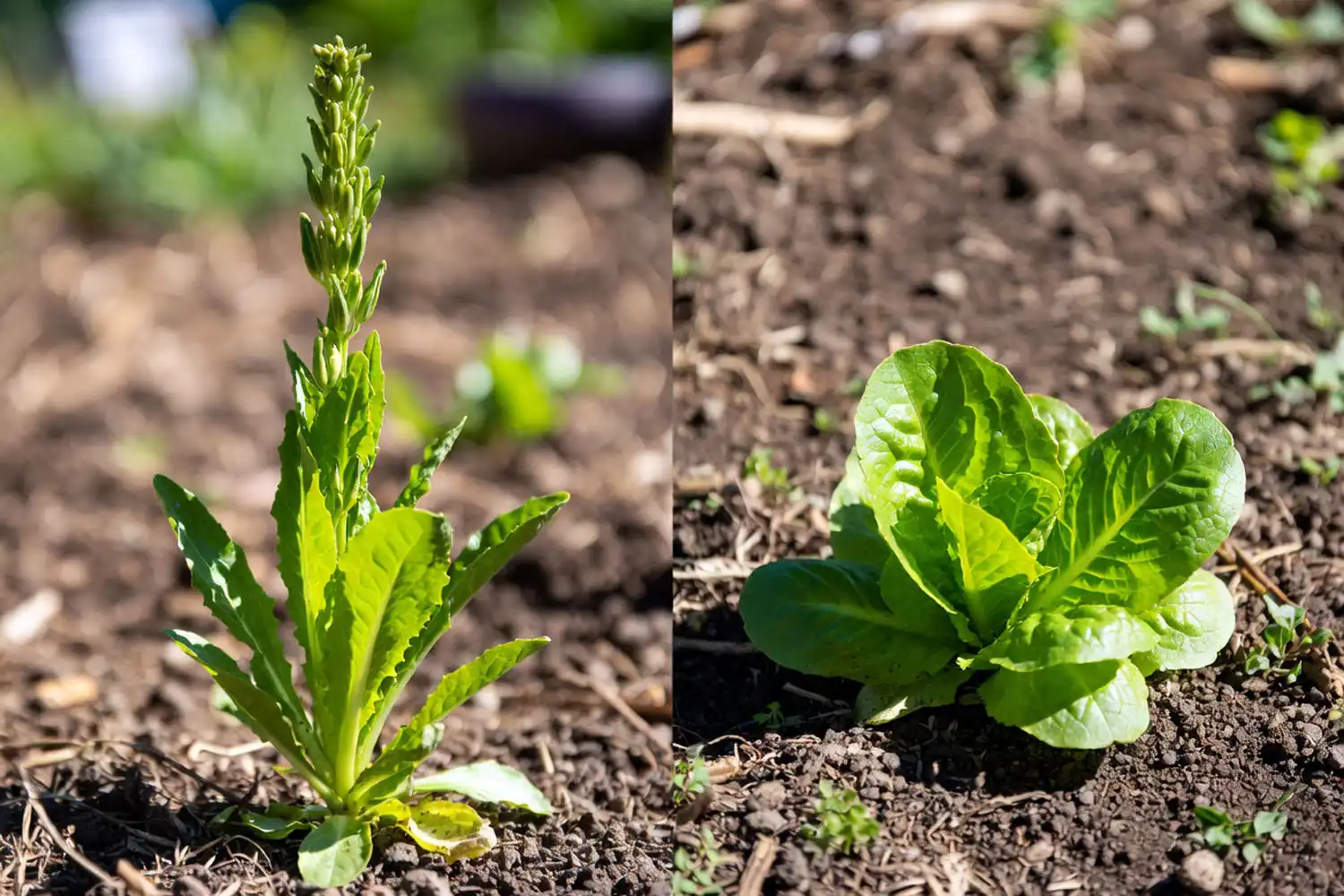 A bolted lettuce plant with a tall seedstalk beside a healthy leafy plant, showing why summer shade helps lettuce