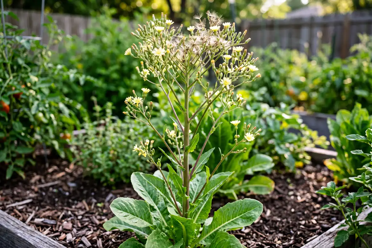 A bolted lettuce plant with a tall flowering stalk, showing the end of the annual life cycle when the leaves turn bitter.