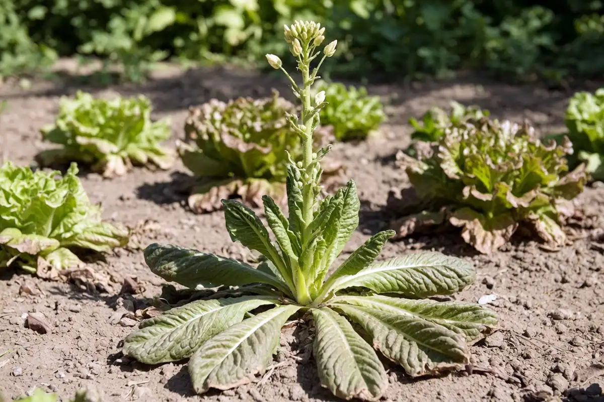 A bolted lettuce plant with a tall flower stalk showing what happens when lettuce is harvested too late and turns bitter.