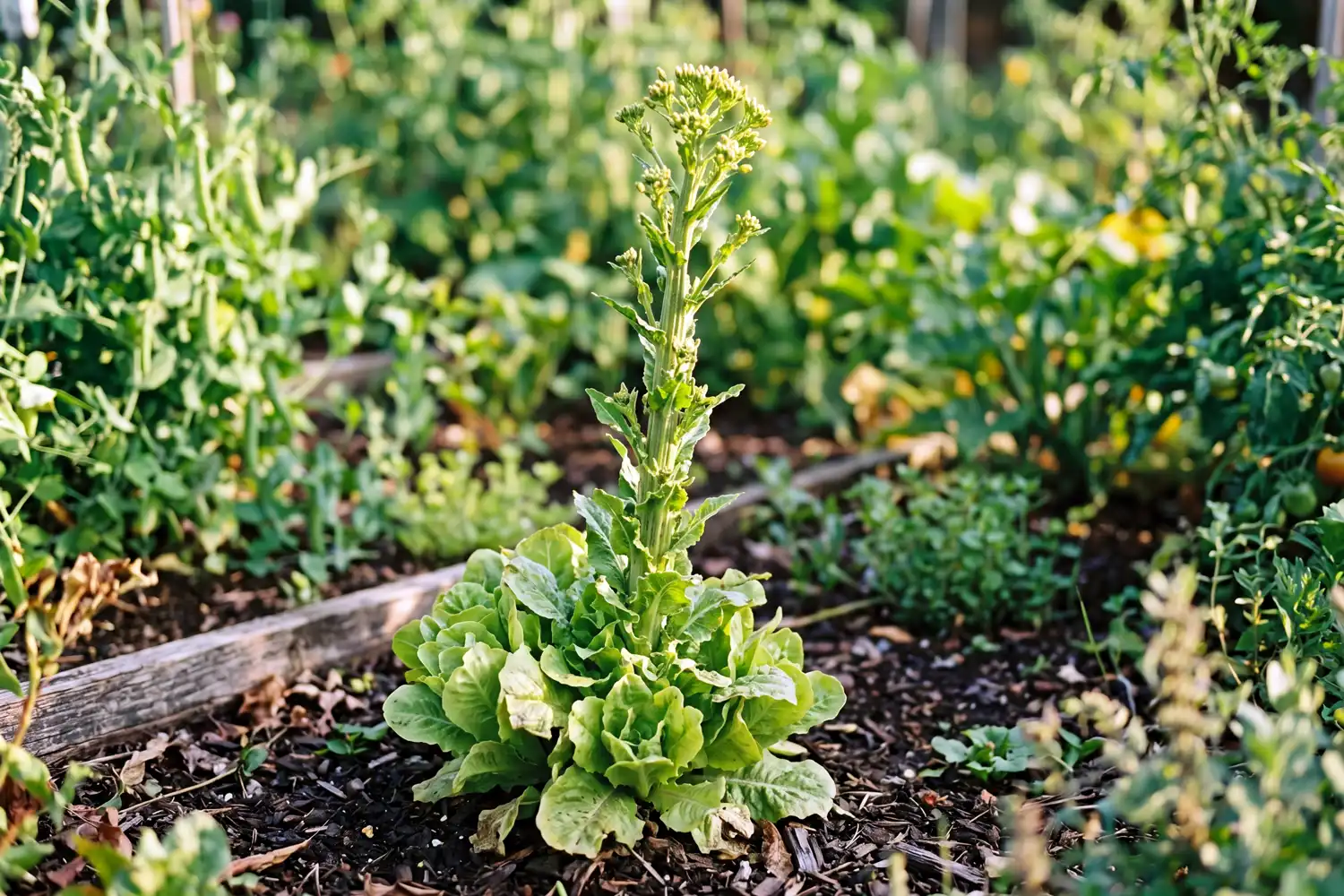 A lettuce plant bolting and sending up a tall flower stalk before going to seed