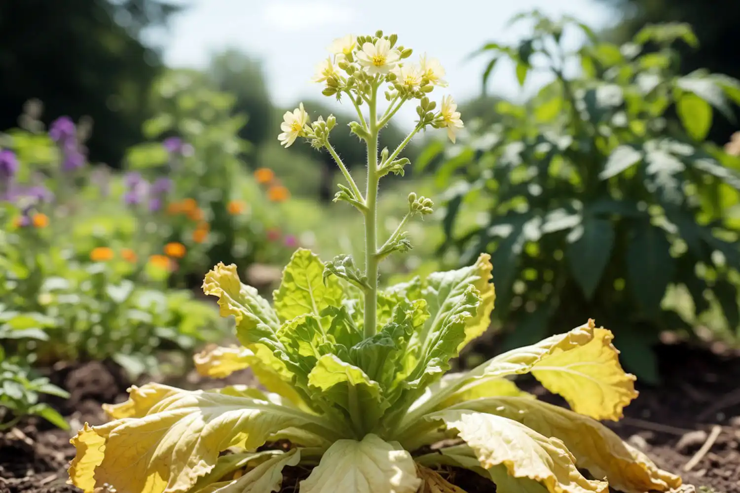A bolted lettuce plant with a 2 to 3 foot seed stalk and small flowers, showing how tall lettuce grows once it bolts.