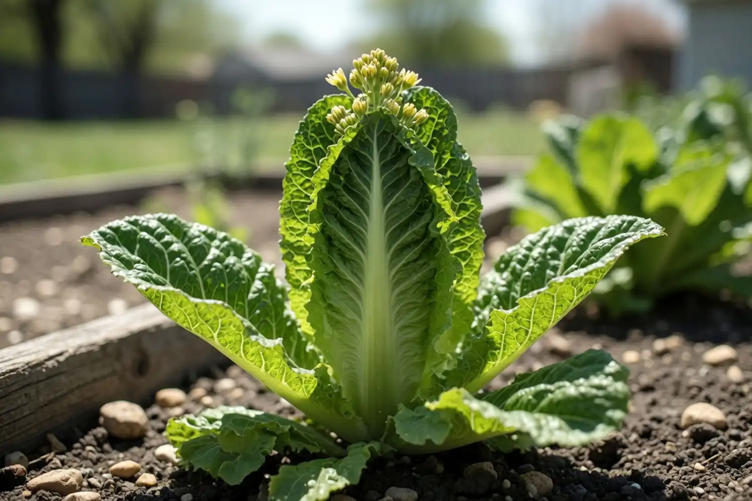 Bolted lettuce plant with a tall flower stalk, the main cause of bitter lettuce in summer heat.