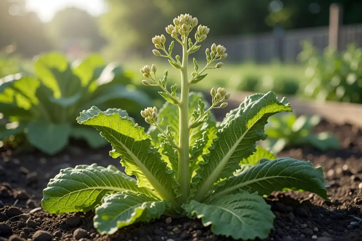 A bolted lettuce plant showing a tall central seed stalk and small flower buds rising above bitter lower leaves