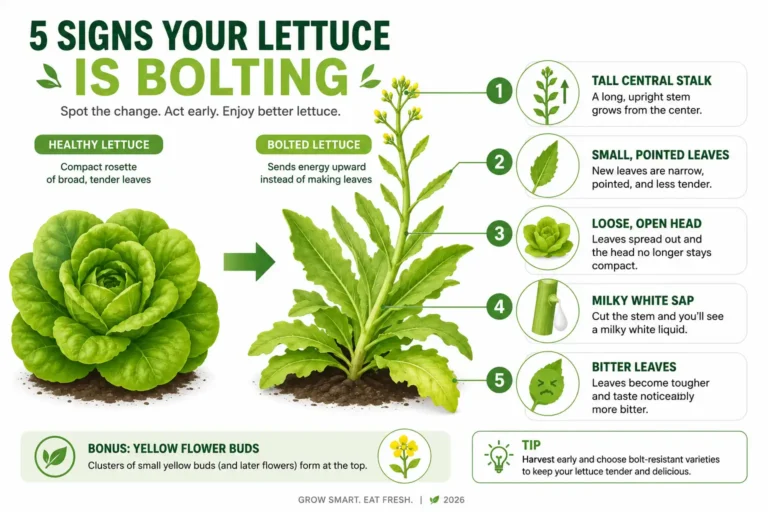 Infographic on what bolting lettuce looks like, with labeled signs including a tall central stalk, narrow pointed leaves, a loose head, and yellow flower buds