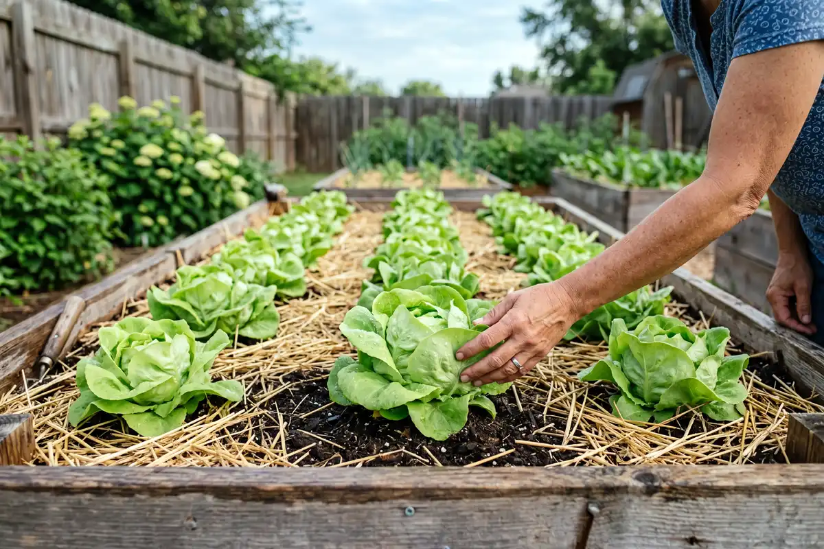 Boston butter lettuce heads growing in a mulched raised bed as a cool season crop ready to harvest