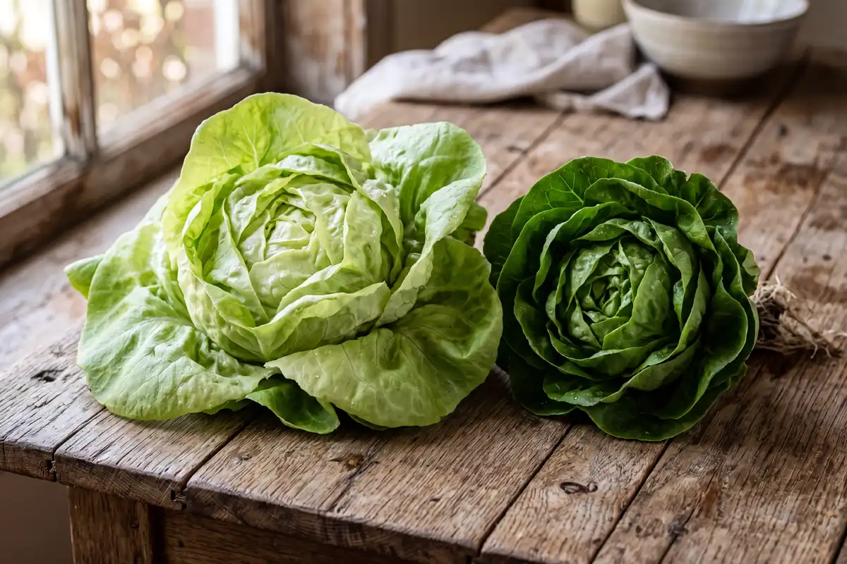 Boston lettuce next to Bibb lettuce showing Boston larger and paler and Bibb smaller and darker green