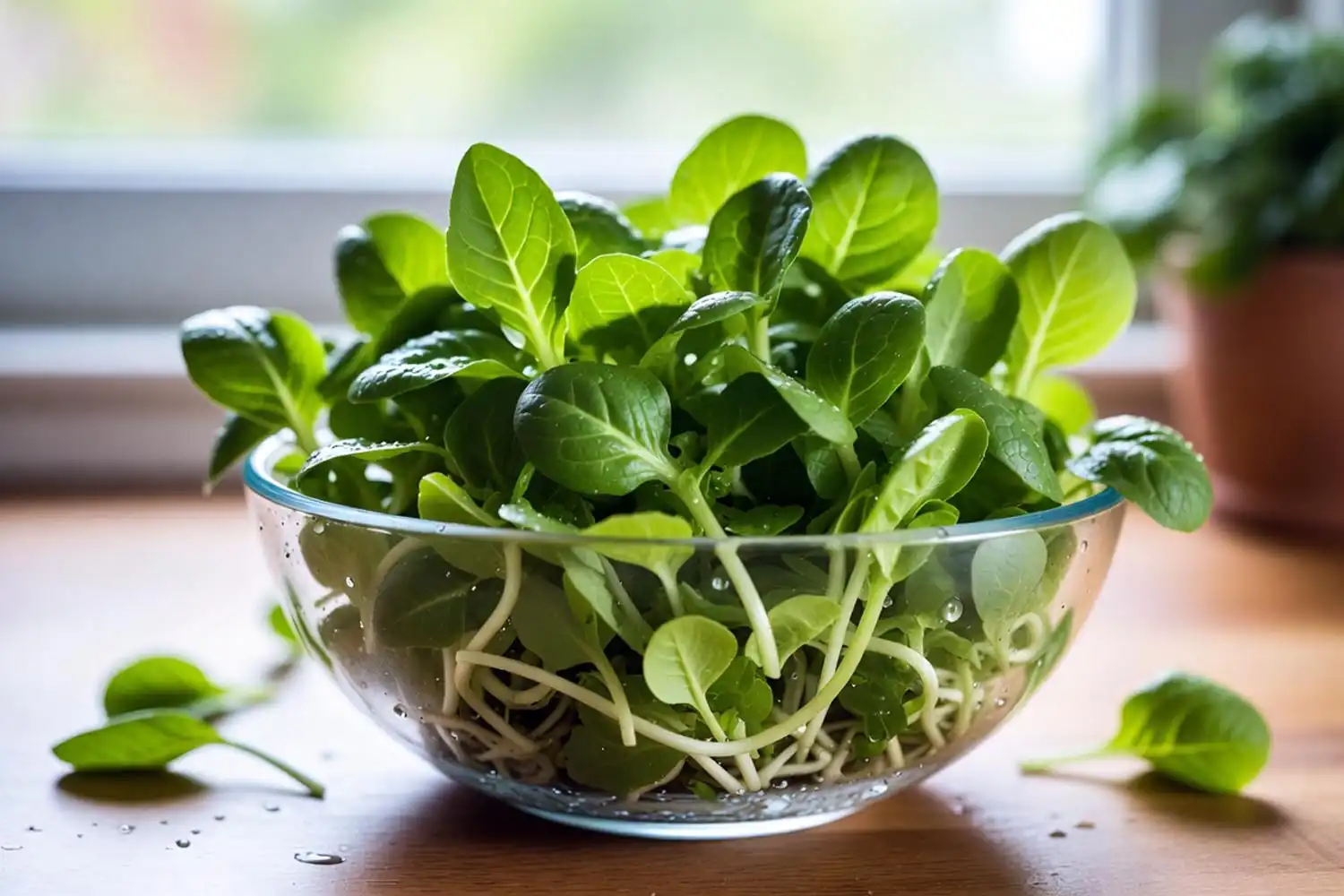 Freshly thinned baby lettuce seedlings in a bowl, eaten as tender baby salad greens instead of being wasted.