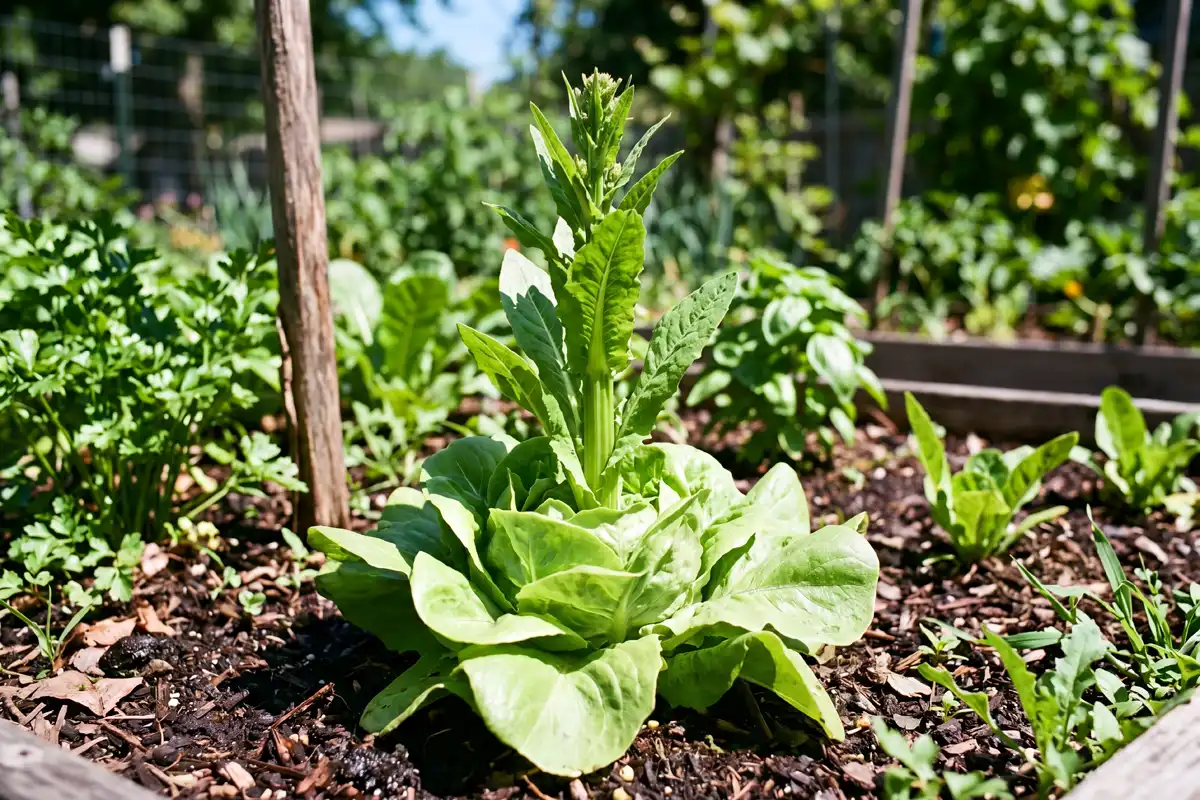 Butterhead lettuce beginning to bolt with a central stalk rising from the middle, a sign to harvest before bitterness sets in