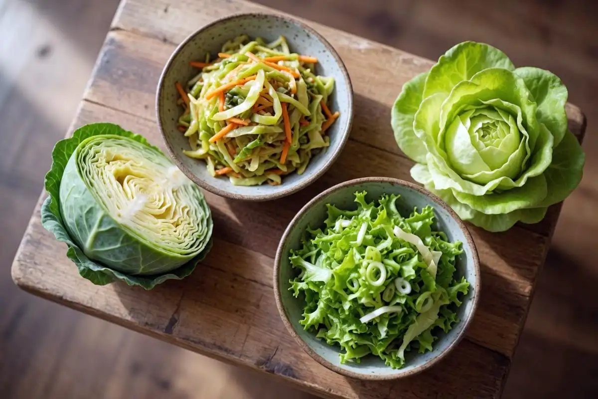 Cabbage shredded for coleslaw next to lettuce in a fresh salad, showing different kitchen uses